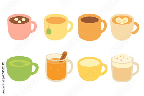 Warm Beverage Icons. Flat vector mini-illustrations warm beverages in colors children's illustrations: hot cocoa, tea cup, coffee