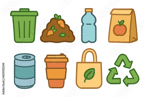 Waste Reduction Icons. Flat vector mini-illustrations waste reduction in colors children's illustrations: trash bin, compost pile,
