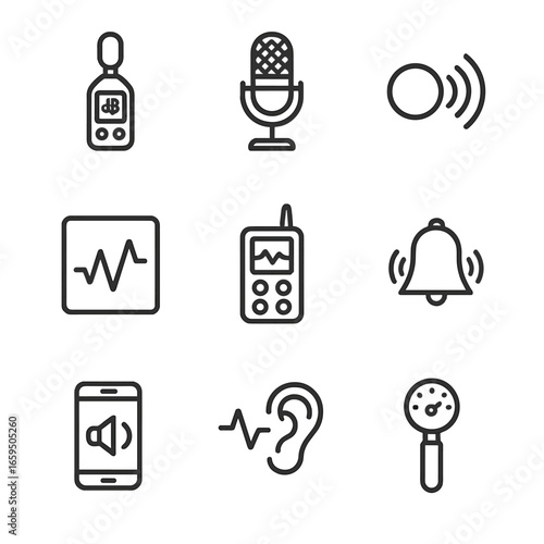Noise Monitoring Icons. Outline icon set of noise monitoring devices: decibel meter, microphone, sound sensor, noise graph, data