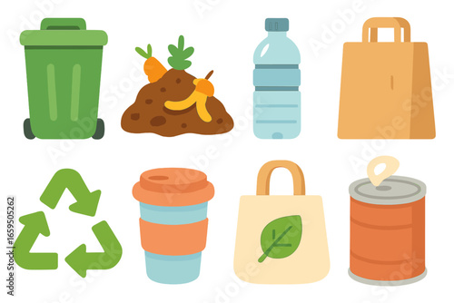 Waste Reduction Icons. Flat vector mini-illustrations waste reduction in colors children's illustrations: trash bin, compost pile,