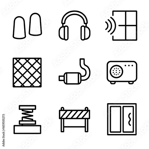 Noise Reduction Icons. Outline icon set of noise reduction tools: earplugs, noise-canceling headphones, soundproof walls, acoustic