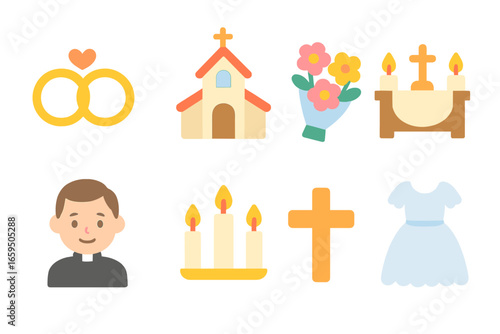 Wedding Symbols Grid. Flat vector mini-illustrations marriage sacrament in colors children's illustrations: wedding rings, church,