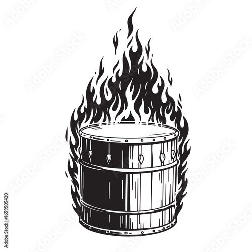 Burning drum illustration featuring fire surrounding a wooden barrel with a classic design