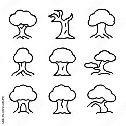 Old Tree Icon Set. Outline icon set of old tree shapes: broad canopy, twisted limbs, thick trunk, sprawling roots, uneven bark,