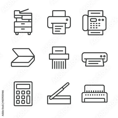 Office Machines Icons. Outline icon set of office machines: photocopier, printer, fax machine, scanner, shredder, laminator,