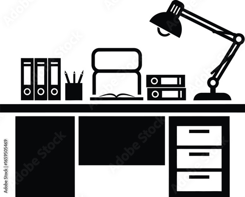 Office desk with lamp, chair, folders and stationery, a simple illustration for business, work and education