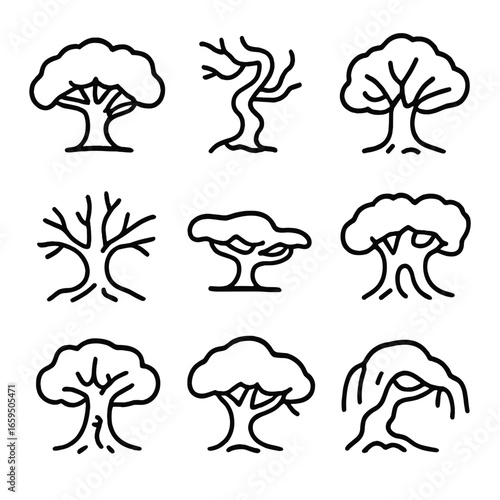 Old Tree Icon Set. Outline icon set of old tree shapes: broad canopy, twisted limbs, thick trunk, sprawling roots, uneven bark,