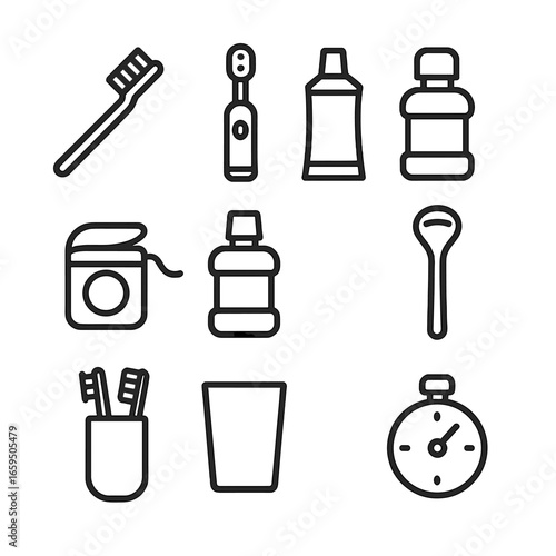 Oral Care Icons. Outline icon set of brushing teeth tools: manual toothbrush, electric toothbrush, toothpaste tube, dental floss,