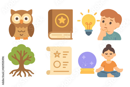 Wisdom Symbols Grid. Flat vector mini-illustrations wisdom in colors children's illustrations: wise owl, ancient book, glowing