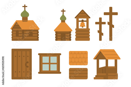 Wooden Religious Icons. Flat vector mini-illustrations Wooden religious buildings in colors children's illustrations: wooden
