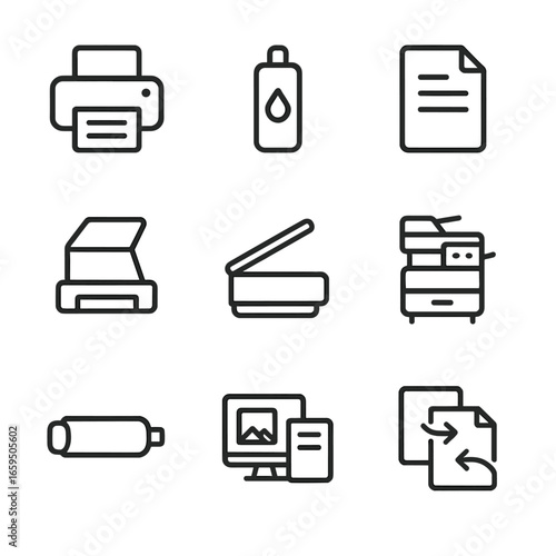 Paper Printing Icons. Outline icon set of paper printing: printer, ink cartridge, printed page, paper feed, scanner, photocopier,