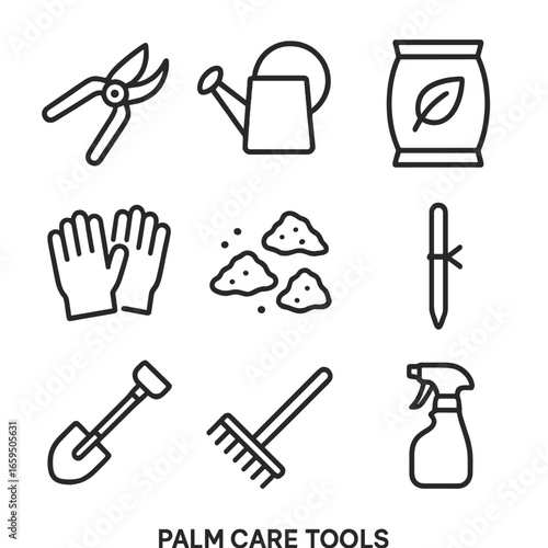 Palm Care Tools Icons. Outline icon set of palm care tools: pruning shears, watering can, fertilizer bag, gardening gloves, mulch,