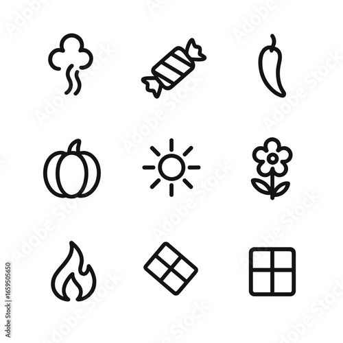 Paprika Flavor Icon Set. Outline icon set of paprika flavor notes: smoky, sweet, spicy, earthy, pungent, vibrant, aromatic, warm,