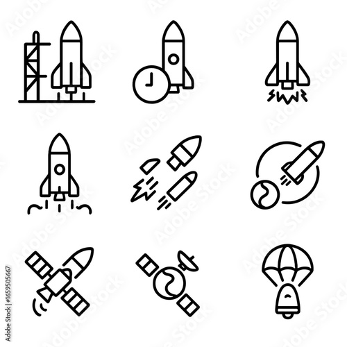 Payload Launch Icons. Outline icon set of payload launch phases: pre-launch, countdown, ignition, liftoff, stage separation, orbit