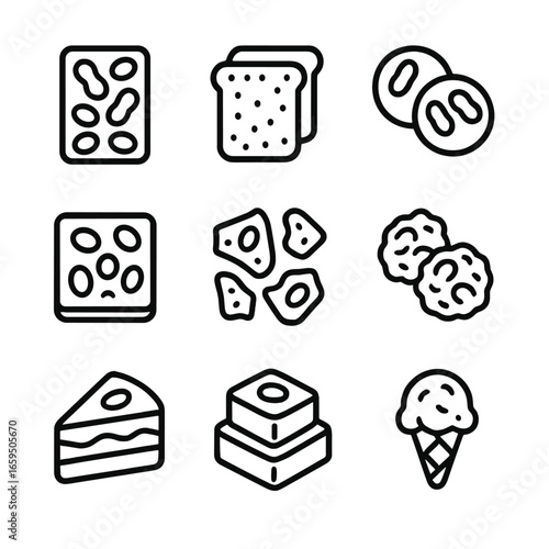 Peanut Treat Icons. Outline icon set of peanut snacks and desserts: peanut brittle, peanut butter sandwich, peanut cookies, peanut