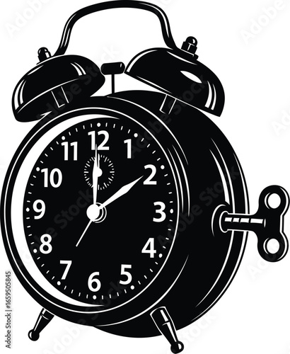 Black alarm clock with hands showing the time, vintage style