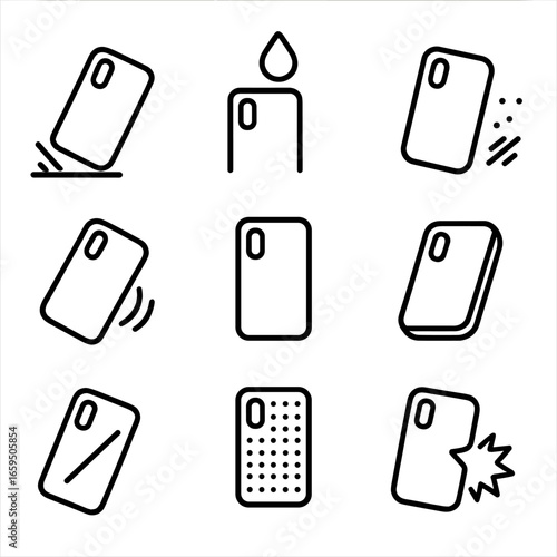 Phone Case Icon Set. Outline icon set of phone case protection levels: drop protection, water resistance, dust proof, shock