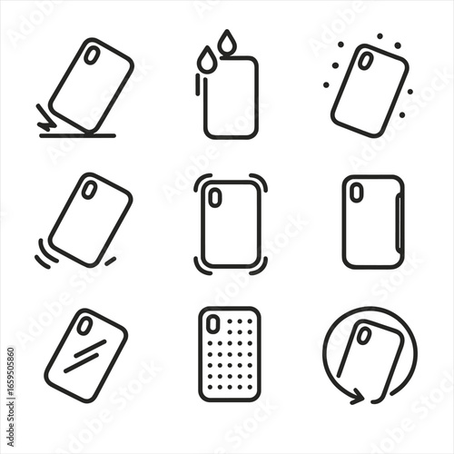Phone Case Icon Set. Outline icon set of phone case protection levels: drop protection, water resistance, dust proof, shock