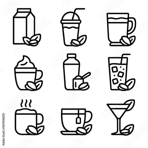 Pistachio Beverage Icons. Outline icon set of pistachio beverages: pistachio milk, pistachio smoothie, pistachio latte, pistachio