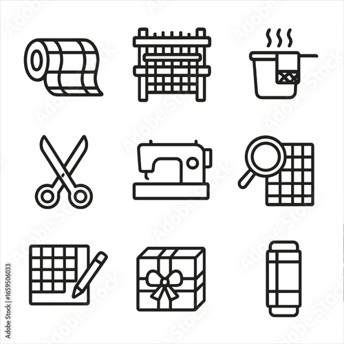 Plaid Manufacturing Icons. Outline icon set of plaid manufacturing: fabric roll, weaving loom, dyeing process, cutting scissors,