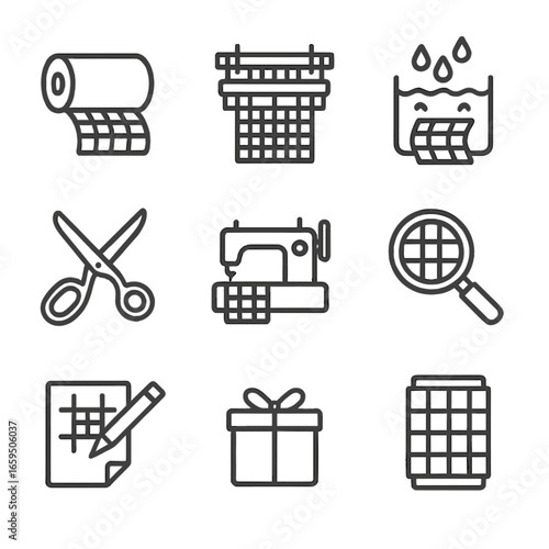 Plaid Manufacturing Icons. Outline icon set of plaid manufacturing: fabric roll, weaving loom, dyeing process, cutting scissors,