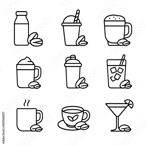 Pistachio Beverage Icons. Outline icon set of pistachio beverages: pistachio milk, pistachio smoothie, pistachio latte, pistachio