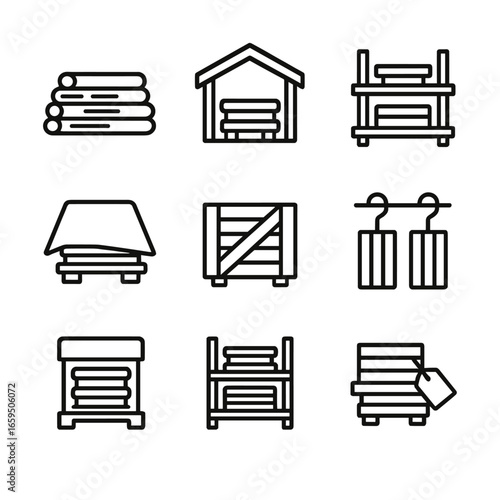 Plank Storage Icons. Outline icon set of plank storage: woodpile, shed, rack, tarp cover, wooden crate, hooks, protective wrap,