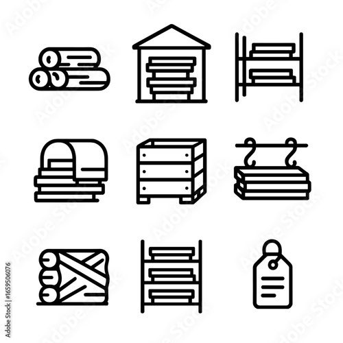 Plank Storage Icons. Outline icon set of plank storage: woodpile, shed, rack, tarp cover, wooden crate, hooks, protective wrap,