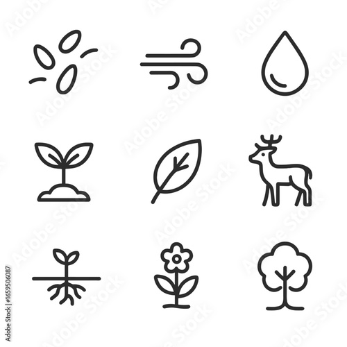 Plant Migration Icons. Outline icon set of plant migration: seed dispersal, wind, water droplet, animal carrier, sprout, leaf,