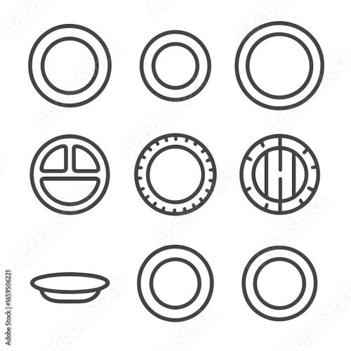 Plate Icon Set. Outline icon set of plate types: dinner plate, salad plate, dessert plate, charger plate, compartment plate,