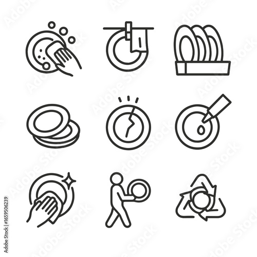 Plate Care Icons. Outline icon set of plate care: washing plate, drying plate, storing plate, stacking plate, fragile plate, plate