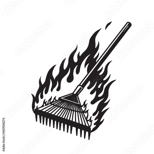 Burning rake depicting fire gardening and a metaphor for intense effort destruction