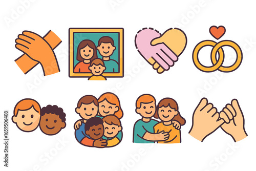 Precious Bonds Icons. Flat vector mini-illustrations precious bonds in colors children's illustrations: hugging hands, family