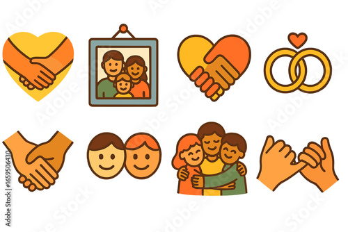 Precious Bonds Icons. Flat vector mini-illustrations precious bonds in colors children's illustrations: hugging hands, family