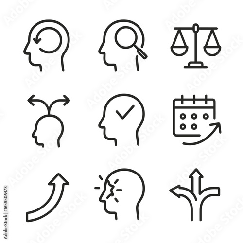 Psychological Shift Icons. Outline icon set of psychological and life shifts: mindset change, perspective shift, emotional balance