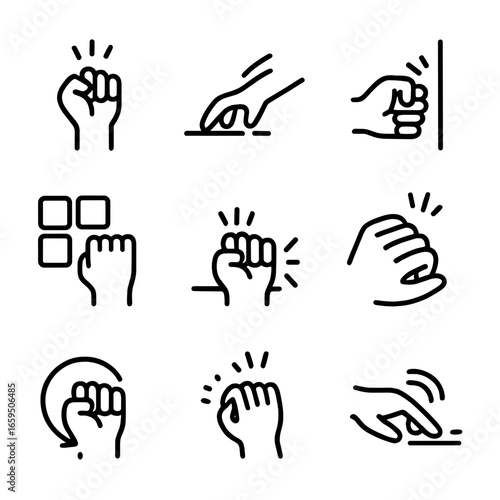 Psychology Knock Icons. Outline icon set of knock in psychology: nervous knock, anxious tapping, stress-induced knock, behavior