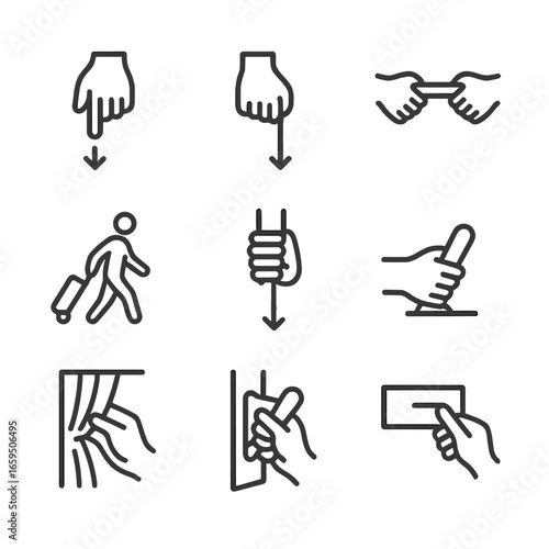 Icon Set_ Pull Gestures. Outline icon set of pull gestures and movements: hand pulling, finger pulling, two hands pulling, pulling