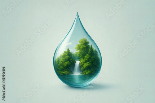 Water Drop with Enclosed Forest and Waterfall Landscape, Eco Concept