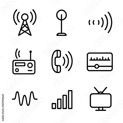 Radio Modulation Icons. Outline icon set of radio modulation: radio tower, antenna, signal waves, transmitter, receiver, frequency