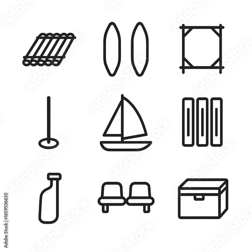 Raft Parts Icons. Outline icon set of raft parts: deck, pontoons, frame, mast, sail, floorboards, rudder, seats, storage box. Line
