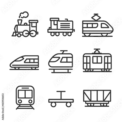 Rail Vehicle Icons. Outline icon set of rail vehicles: steam locomotive, diesel engine, electric train, high-speed train, monorail