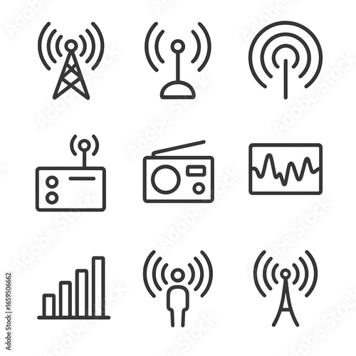 Radio Modulation Icons. Outline icon set of radio modulation: radio tower, antenna, signal waves, transmitter, receiver, frequency