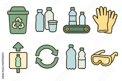 Children's Recycling Icons. Flat vector mini-illustrations plastic waste sorting in colors children's