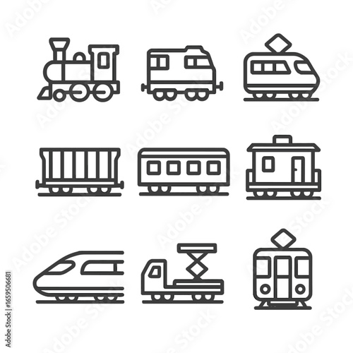 Railway Icons Collection. Outline icon set of railway vehicles: steam locomotive, diesel engine, electric train, freight car,