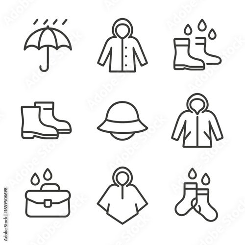 Rain Gear Icons. Outline icon set of rain in clothing: umbrella, raincoat, waterproof boots, galoshes, rain hat, waterproof jacket