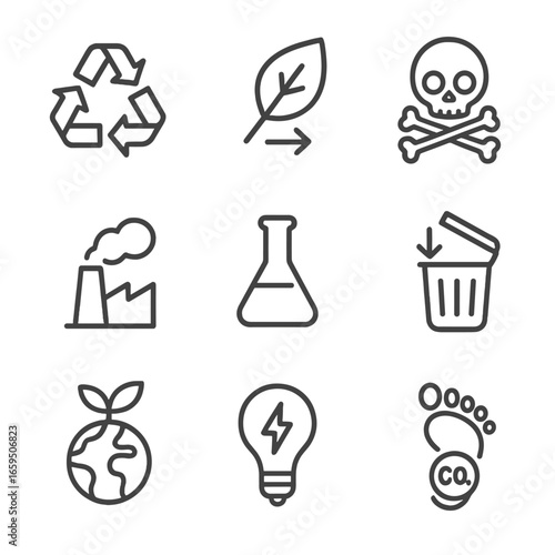 Resin Environmental Icons. Outline icon set of resin environmental aspects: recycling, biodegradability, toxicity, emissions,