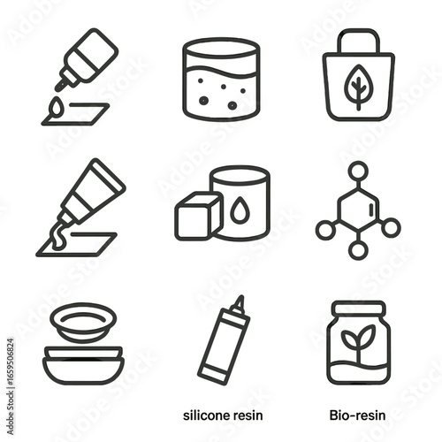 Resin Types Icons. Outline icon set of resin types: epoxy resin, polyester resin, polyurethane resin, acrylic resin, vinyl ester