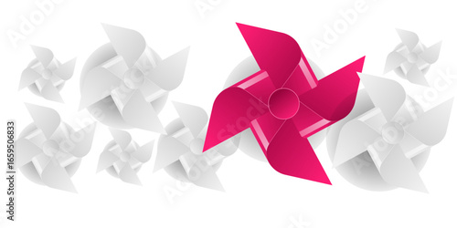 Pinwheel spinner toy vector illustration isolated on white colorful rainbow paper windmill fun childhood game symbol summer breeze playful whirligig concept fan design icon flower set