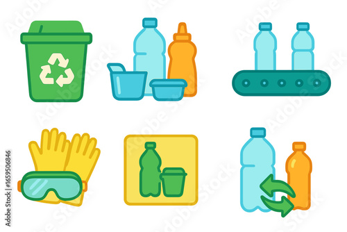 Children's Recycling Icons. Flat vector mini-illustrations plastic waste sorting in colors children's