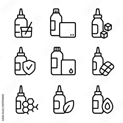Resin Types Icons. Outline icon set of resin types: epoxy resin, polyester resin, polyurethane resin, acrylic resin, vinyl ester